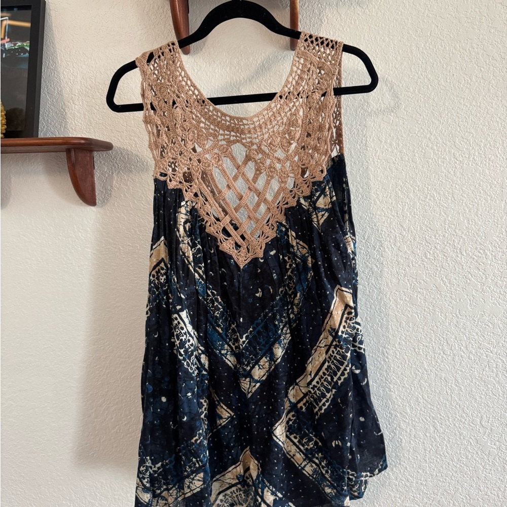Free People Boho Crochet Romper - Navy Blue and Tan